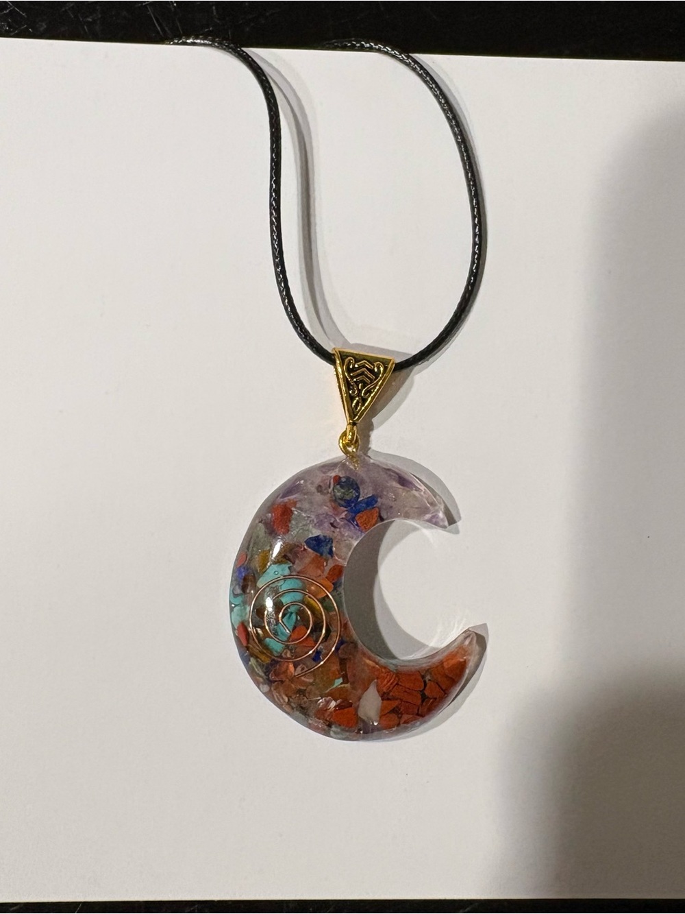 Moon Crystal Pendant With Black Braided Necklace.